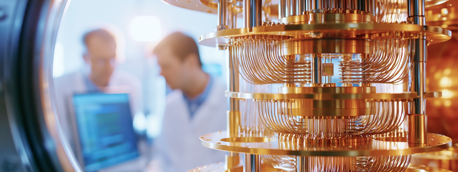 Quantum computing dilution refrigerator with researchers in the background